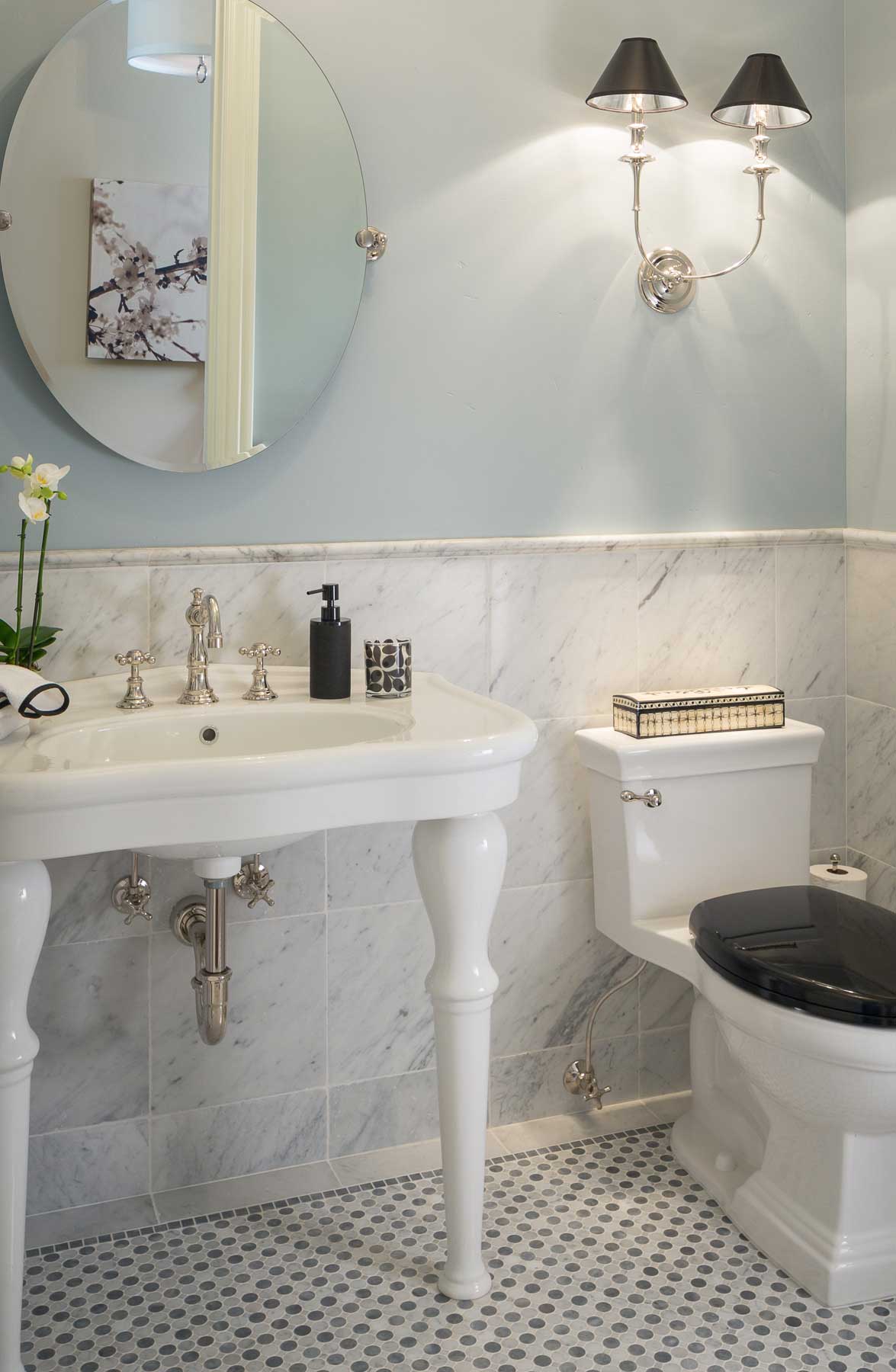 TW Bianco Carrara Bathroom Vanity Backsplashtrim TW Bianco Car_Bardiglio Penny Round Mosaic Floor   850 Arroyo Ct